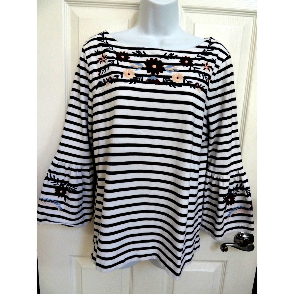 J.Crew Women Medium Striped Embroidered Flare Sleeve Boatneck Top Black White